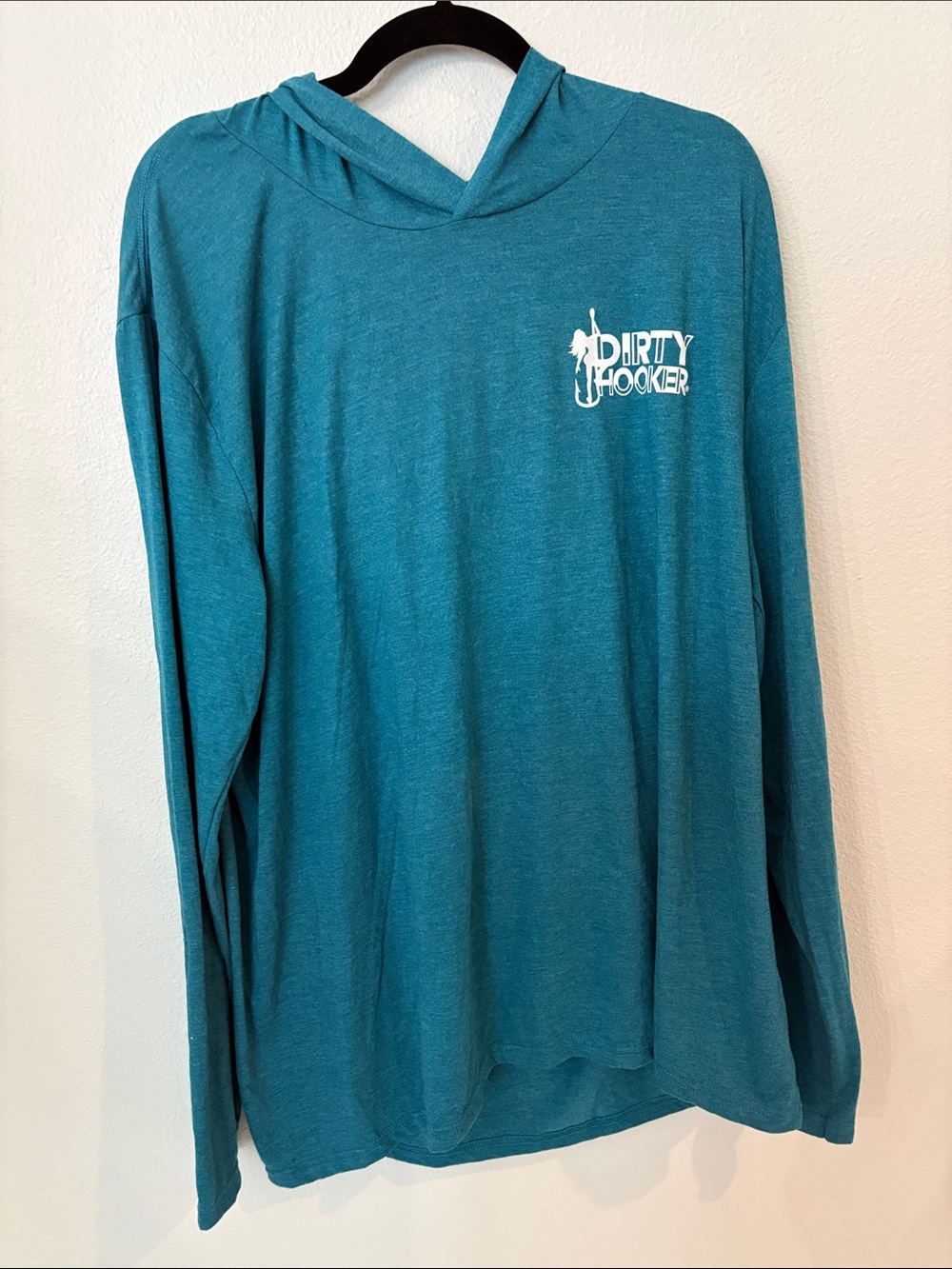 District Teal Hooded Long Sleeve Top with Dirty Hooker Fishing Gear Logo Tag NWT